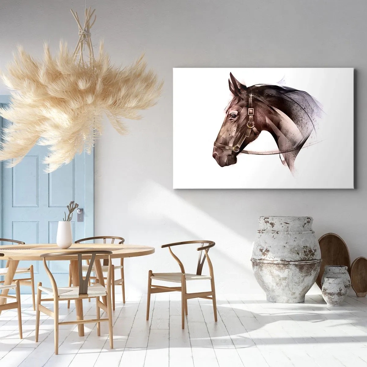 Tablou pe pânză Canvas - Un profil de cal într-o formă artistică delicată pe un fundal alb - 70x50cm - Ce farmec - Decorațiune modernă pentru perete pentru living și dormitor ARTTOR