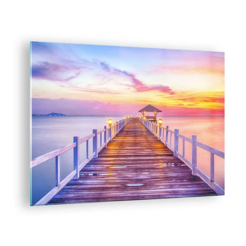 Tablou pe sticlă - Dig de lemn la apus pe o mare calmă - 70x50cm - Tăcerea serii în liliac-auriu - Decorațiune modernă pentru perete pentru living și dormitor ARTTOR