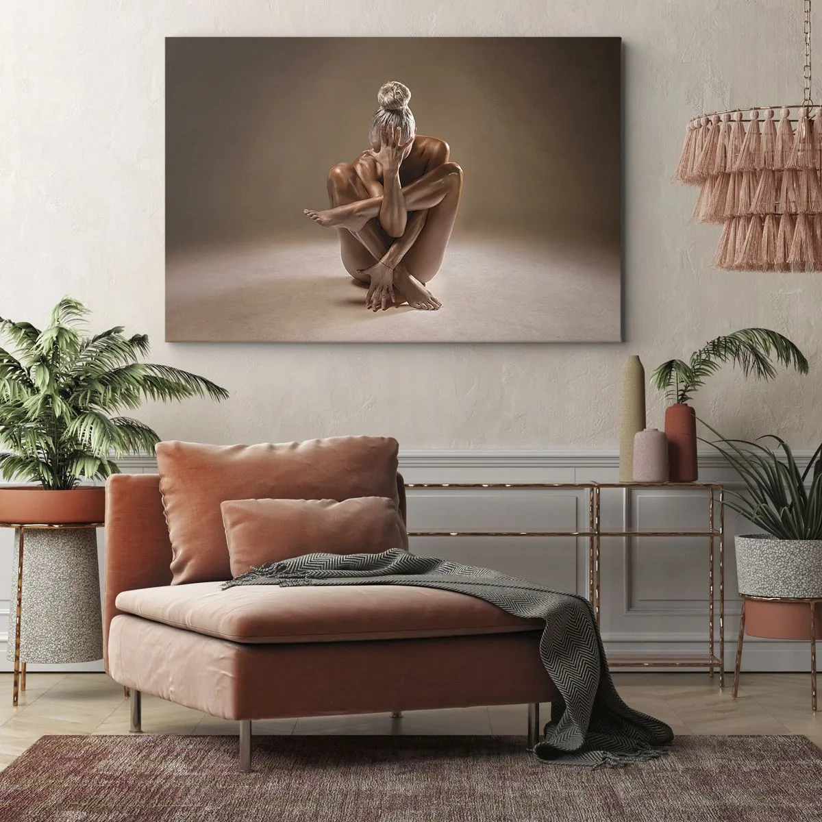 Tablou pe pânză Canvas - Siluetă artistică a unei femei pe un fundal bej - 70x50cm - Unitatea trupului și a spiritului - Decorațiune modernă pentru perete pentru living și dormitor ARTTOR