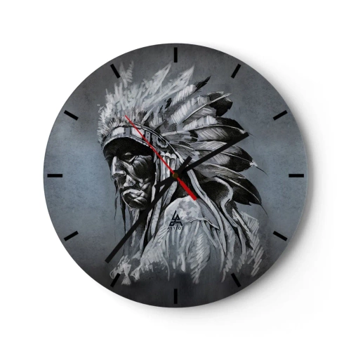 Ceas de perete - Ceas pe sticlă - Portretul unui războinic într-o coafură cu pene pe un fundal gri - 30x30cm - Înapoi la rădăcini - Decorațiune modernă pentru perete pentru living, bucătărie și dormitor ARTTOR