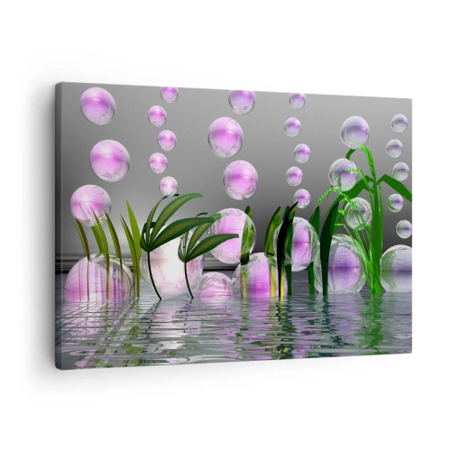 Tablou pe pânză Canvas - Frunze verzi și bule roz deasupra apei pe un fundal gri - 70x50cm - O compoziție reflexivă de luminozitate și viață - Decorațiune modernă pentru perete pentru living și dormitor ARTTOR