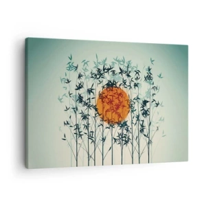 Tablou pe pânză Canvas - Soare portocaliu printre ramurile de bambus - 70x50cm - Soarele japonez - Decorațiune modernă pentru perete pentru living și dormitor ARTTOR