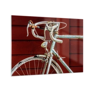 Tablou pe sticlă - O bicicletă veche de șosea din anii 1970 pe un perete roșu din lemn - 70x50cm - Creat pentru victorie - Decorațiune modernă pentru perete pentru living și dormitor ARTTOR