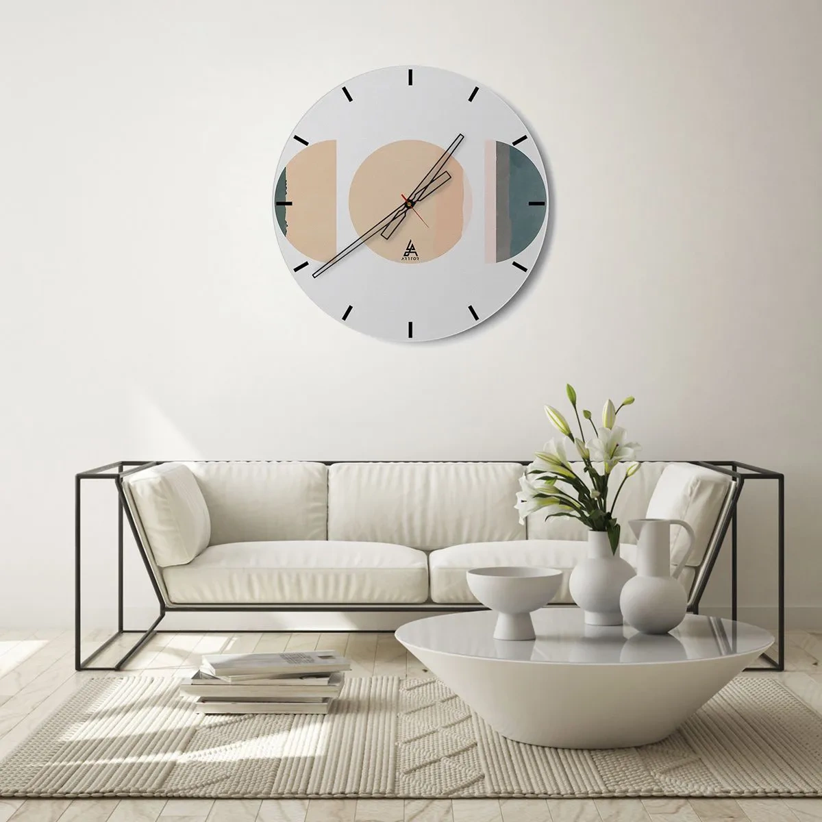 Ceas de perete - Ceas pe sticlă - Modele geometrice abstracte cu culori pastelate - 30x30cm - Roată cu roată - Decorațiune modernă pentru perete pentru living, bucătărie și dormitor ARTTOR