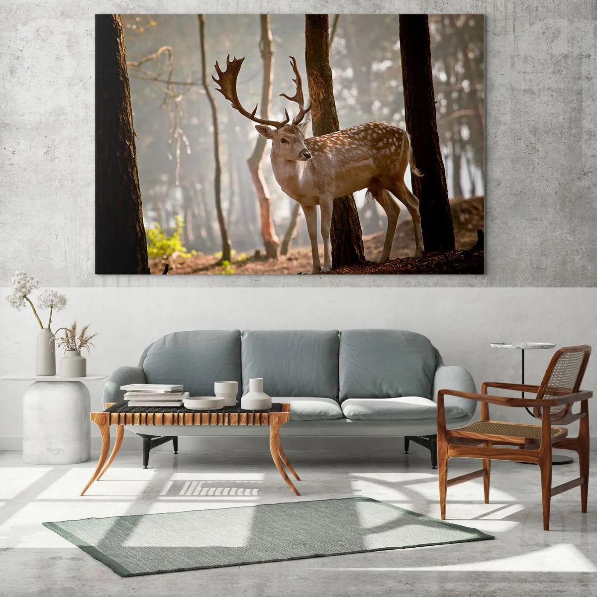 Tablou pe sticlă - Un cerb în pădure înconjurat de ceața dimineții - 70x50cm - Lumina tinereții - Decorațiune modernă pentru perete pentru living și dormitor ARTTOR
