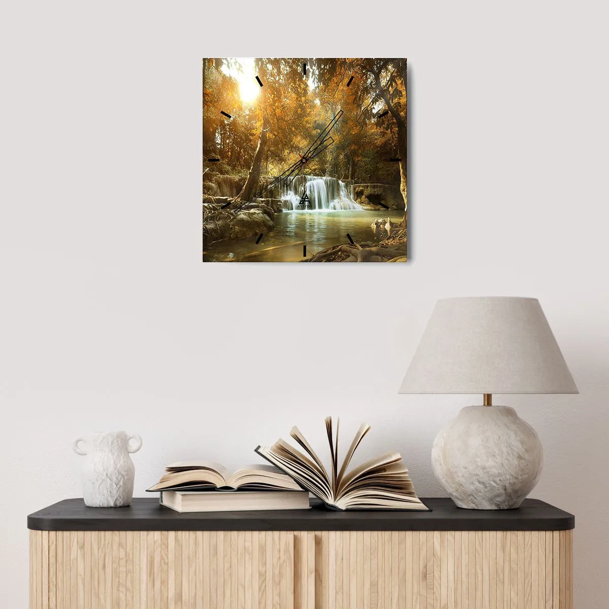 Ceas de perete - Ceas pe sticlă - Cascadă în parc - 30x30 cm