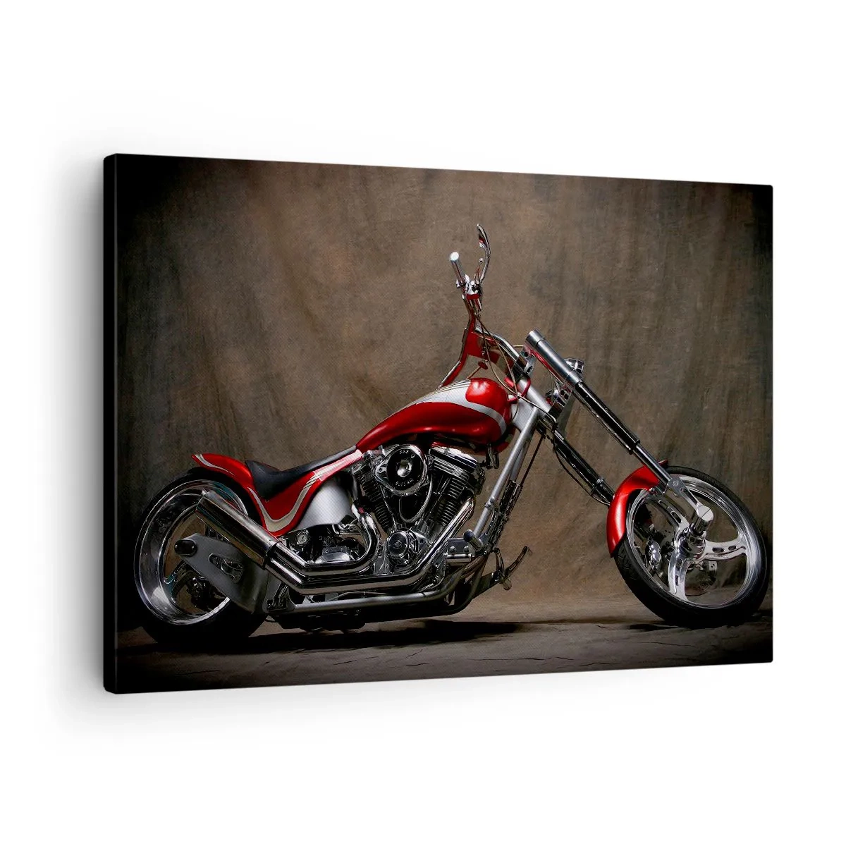 Tablou pe pânză Canvas - Motocicletă personalizată roșie pe un fundal de material textil maro - 70x50cm - Frumusețea în roșu și argintiu - Decorațiune modernă pentru perete pentru living și dormitor ARTTOR