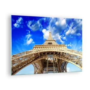 Tablou pe sticlă - Turnul Eiffel văzut de sus pe cer - 70x50cm - Atingând cerul și norii - Decorațiune modernă pentru perete pentru living și dormitor ARTTOR