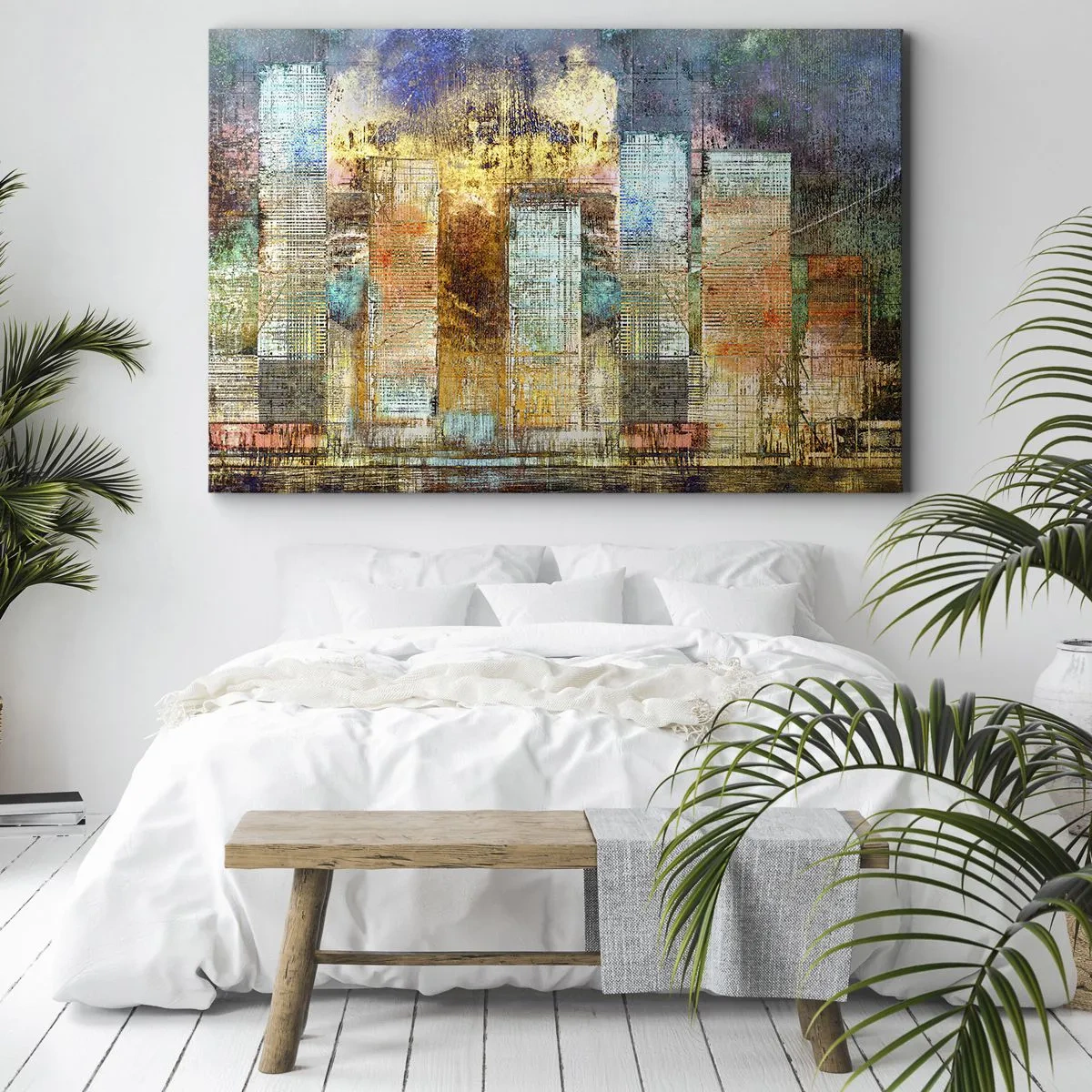 Tablou pe pânză Canvas - Zgârie-nori abstracte în stil industrial - 70x50cm - Metropola însorită - Decorațiune modernă pentru perete pentru living și dormitor ARTTOR