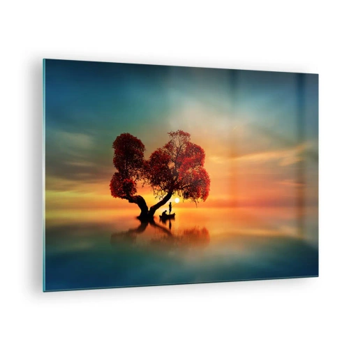 Tablou pe sticlă - Un copac cu frunze roșii pe fundalul apusului de soare - 70x50cm - Lume îndepărtată și tăcută - Decorațiune modernă pentru perete pentru living și dormitor ARTTOR