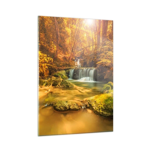 Tablou pe sticlă - Cascadă de pădure în aur - 50x70 cm