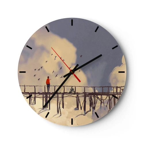 Ceas de perete - Ceas pe sticlă - O figură pe un pod cu păsări pe fundalul cerului și al norilor - 30x30cm - Dorință albastră - Decorațiune modernă pentru perete pentru living, bucătărie și dormitor ARTTOR