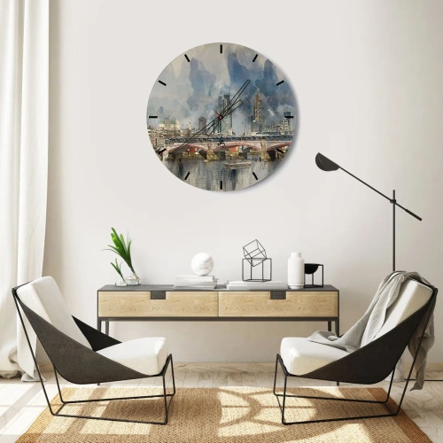 Ceas de perete - Ceas pe sticlă - Podul Londrei și orizontul în stil acuarelă - 30x30cm - Londra în toată splendoarea ei - Decorațiune modernă pentru perete pentru living, bucătărie și dormitor ARTTOR
