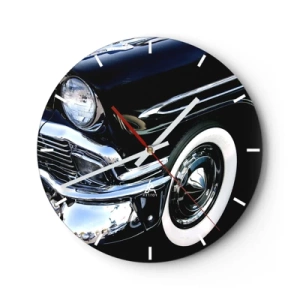 Ceas de perete - Ceas pe sticlă - O mașină retro neagră strălucitoare cu un stil clasic - 30x30cm - Clasicul în argintiu, negru și alb - Decorațiune modernă pentru perete pentru living, bucătărie și dormitor ARTTOR