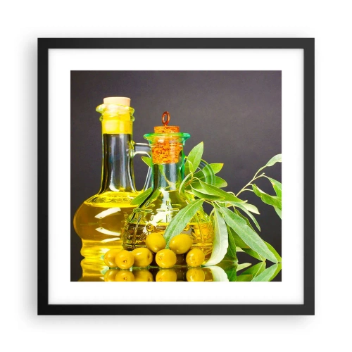Poster în ramă neagră - Natură moarte cu măsline și ulei - 40x40 cm