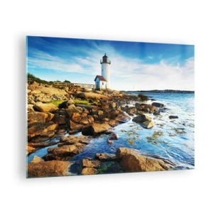 Tablou pe sticlă - Un far pe o coastă stâncoasă într-o zi însorită - 70x50cm - Întoarce-te acasă fericit, te aștept cu nerăbdare - Decorațiune modernă pentru perete pentru living și dormitor ARTTOR