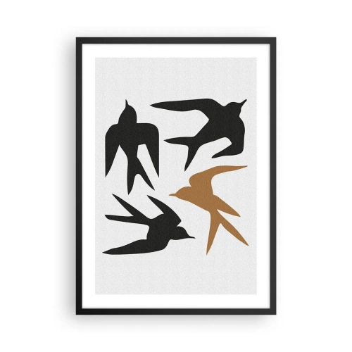 Poster în ramă neagră - Siluete stilizate de rândunele pe un fundal deschis - 50x70cm - Jocurile rândunelelor - Decorațiune modernă pentru perete pentru living și dormitor ARTTOR