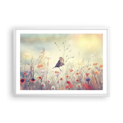 Poster în ramă albă - Portret de pasăre cu o pajiște în fundal - 70x50 cm