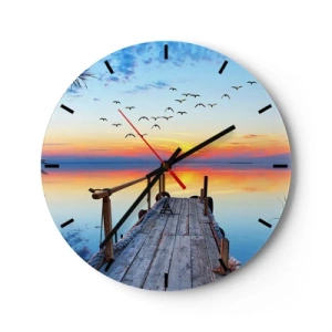 Ceas de perete - Ceas pe sticlă - Un dig pe lac în razele soarelui care apune - 30x30cm - E timpul să ne întoarcem... - Decorațiune modernă pentru perete pentru living, bucătărie și dormitor ARTTOR