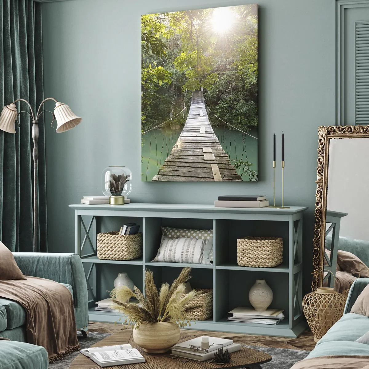 Tablou pe pânză - Peste apa de azur spre pădurea de azur - 45x80 cm