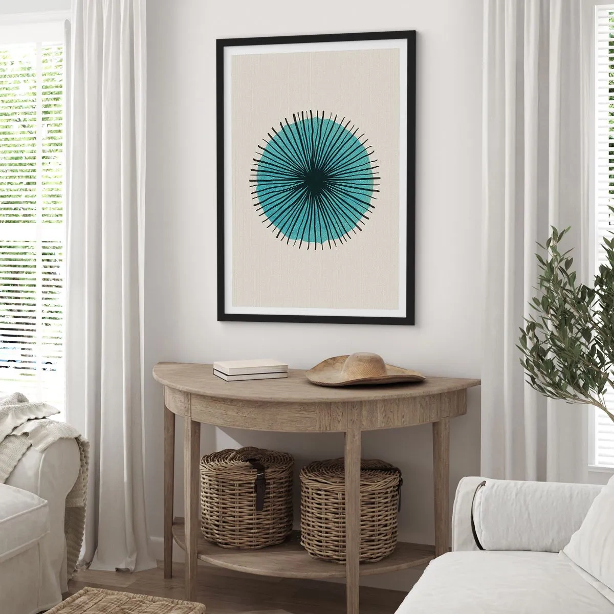 Poster în ramă neagră - Model geometric sub forma unui cerc radial - 50x70cm - Radiant pe albastru - Decorațiune modernă pentru perete pentru living și dormitor ARTTOR