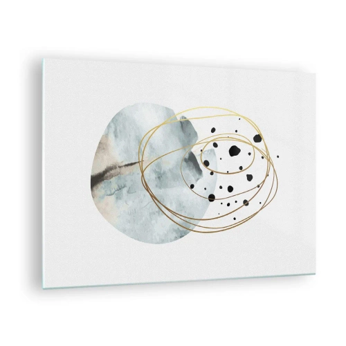 Tablou pe sticlă - Compoziție abstractă cu o pată albastră și linii aurii - 70x50cm - În îmbrățișarea spațiului - Decorațiune modernă pentru perete pentru living și dormitor ARTTOR
