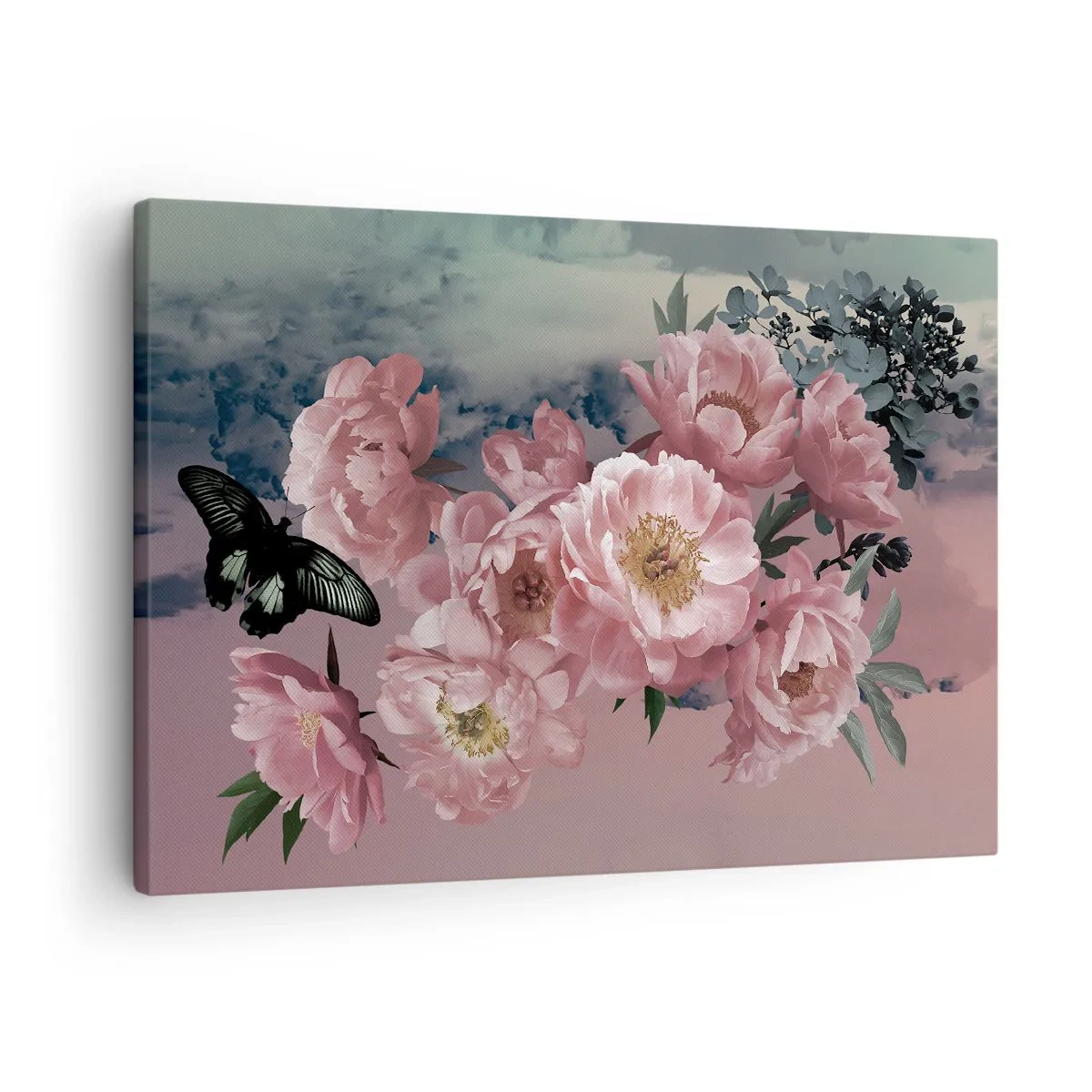 Tablou pe pânză Canvas - Bujori roz cu un fluture pe un fundal pastel - 70x50cm - Apogeul romantismului - Decorațiune modernă pentru perete pentru living și dormitor ARTTOR