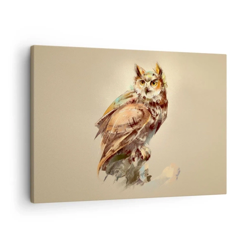 Tablou pe pânză Canvas - Portret artistic al unei bufnițe pe un fundal deschis în nuanțe calde. - 70x50cm - Cea mai inteligentă bufniță - confirmă stejarul - Decorațiune modernă pentru perete pentru living și dormitor ARTTOR