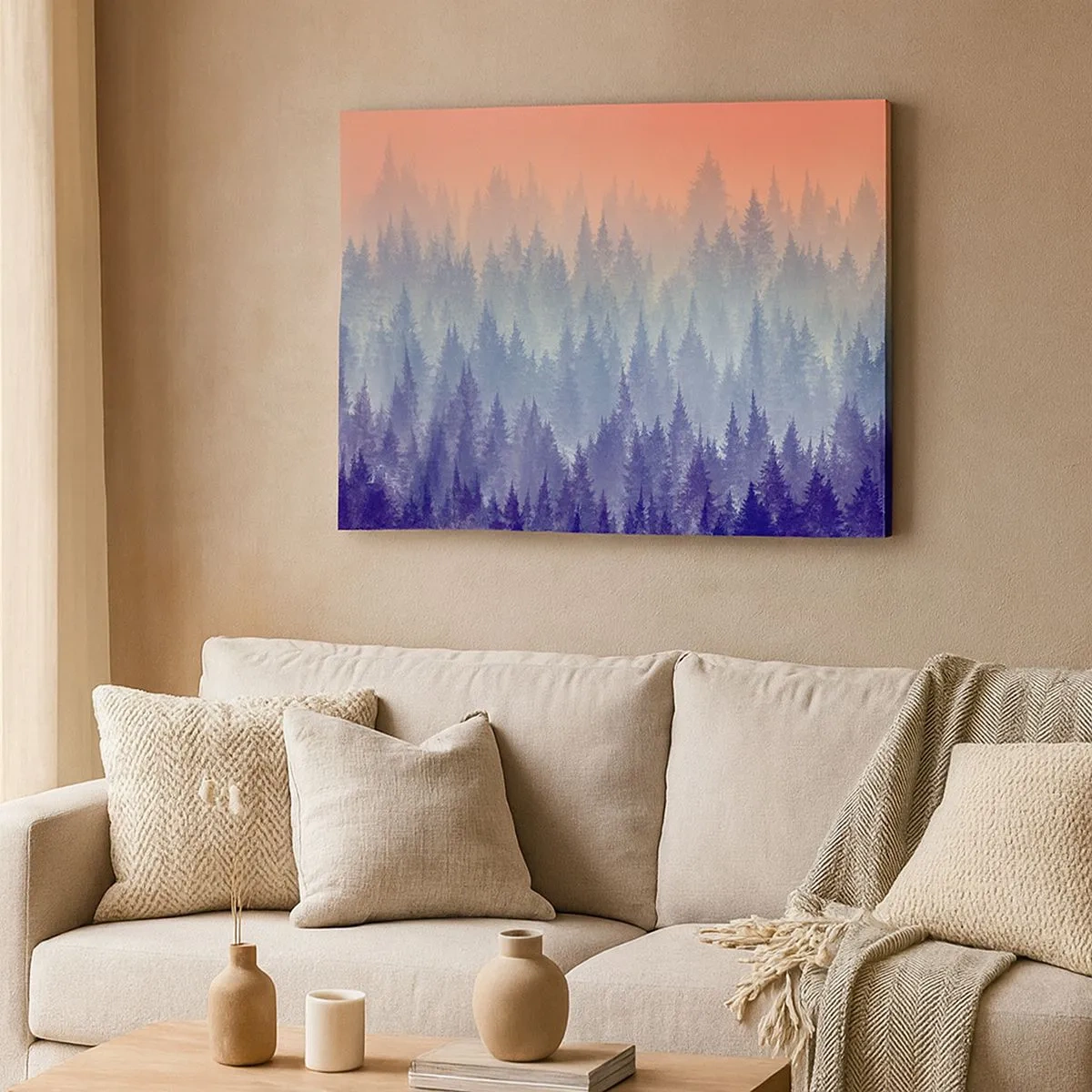 Tablou pe pânză Canvas - O pădure învăluită în ceață în nuanțe de violet și portocaliu - 70x50cm - Sus, mai sus, spre cer - Decorațiune modernă pentru perete pentru living și dormitor ARTTOR