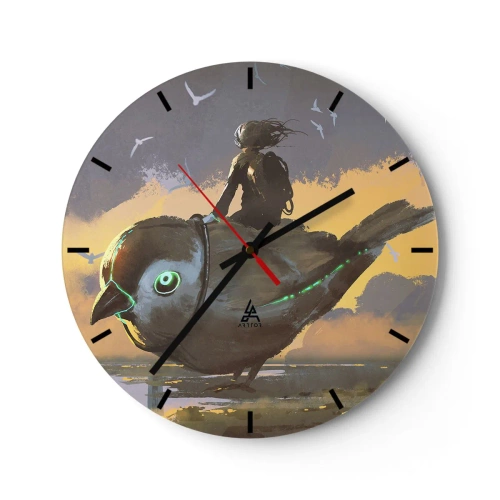 Ceas de perete - Ceas pe sticlă - O figură pe o pasăre mecanică într-un peisaj fantastic - 30x30cm - O oprire într-o călătorie fantastică - Decorațiune modernă pentru perete pentru living, bucătărie și dormitor ARTTOR