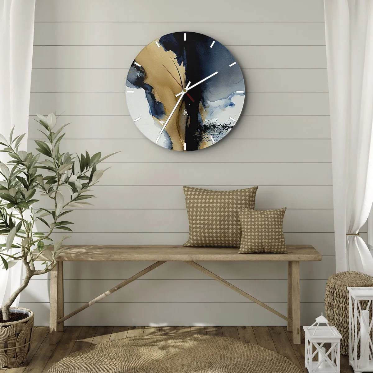 Ceas de perete - Ceas pe sticlă - Acuarelă abstractă cu contrast de albastru marin și bej - 30x30cm - În spatele cortinei - Decorațiune modernă pentru perete pentru living, bucătărie și dormitor ARTTOR