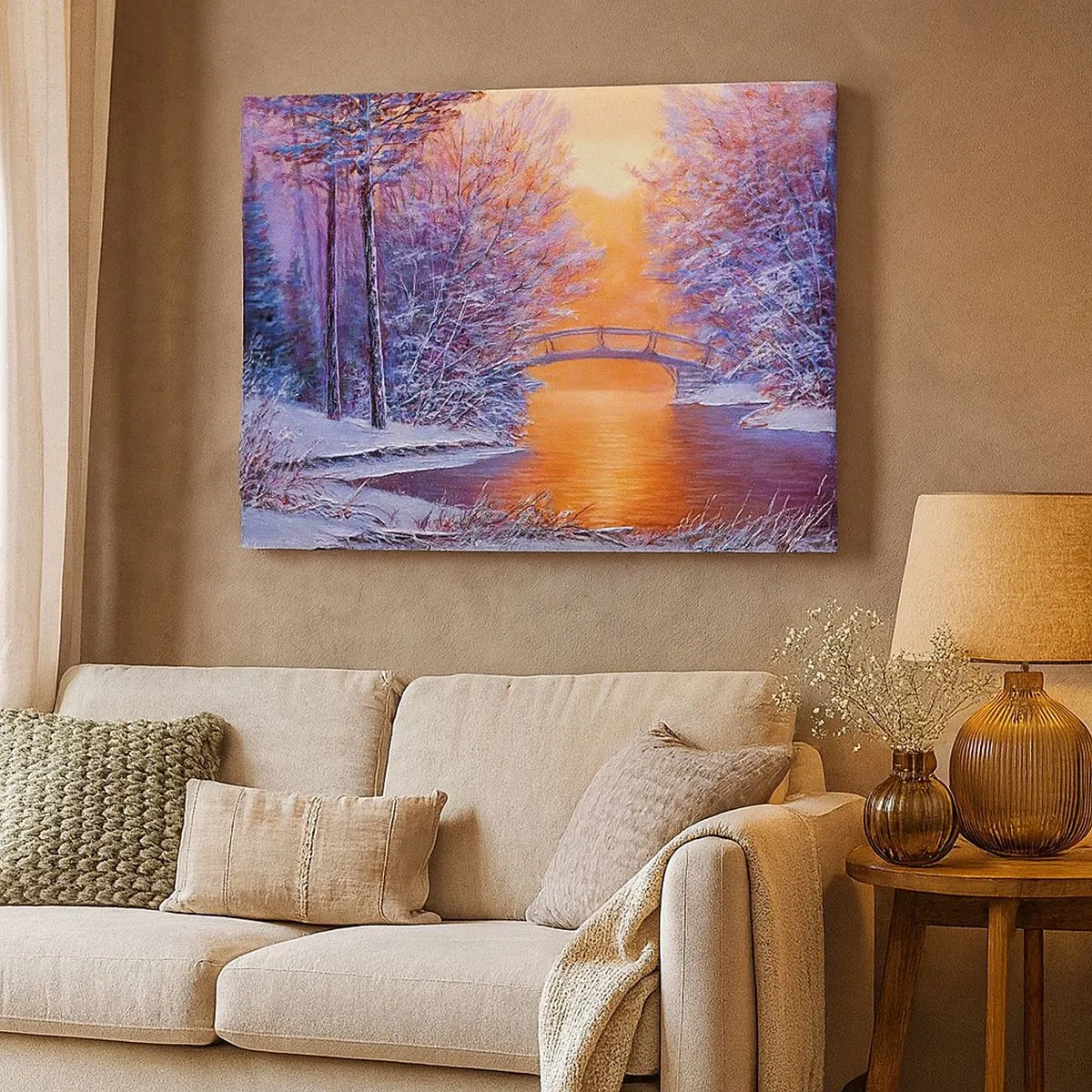 Tablou pe pânză Canvas - Peisaj de iarnă cu un pod și apus de soare - 70x50cm - Hai să ne întâlnim aici - Decorațiune modernă pentru perete pentru living și dormitor ARTTOR