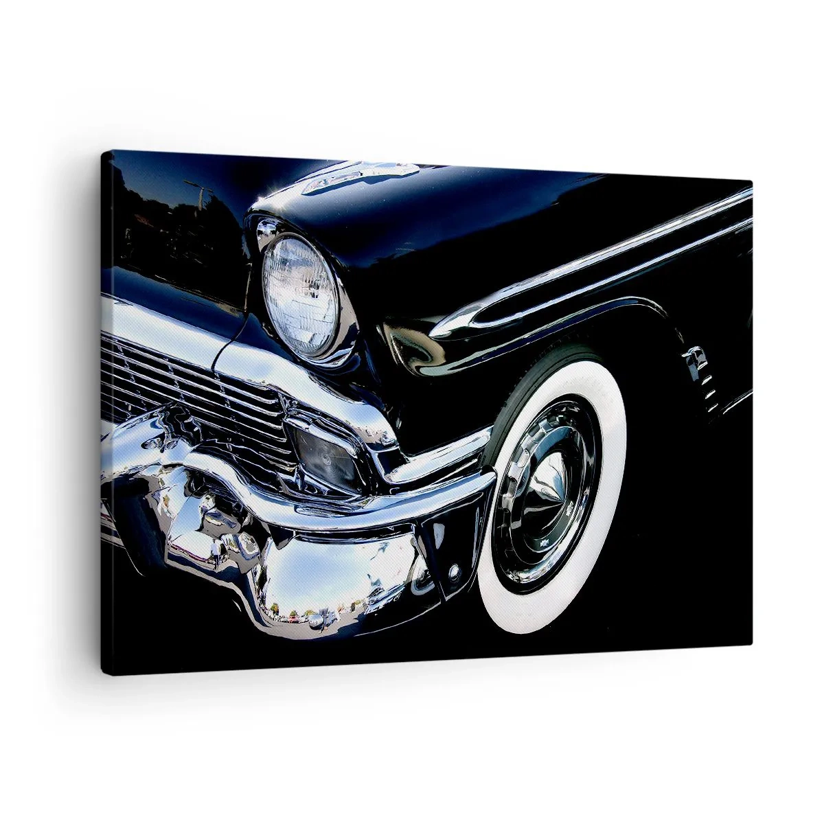 Tablou pe pânză Canvas - Prim-plan de mașină clasică neagră cu faruri și aripi - 70x50cm - Clasicul în argintiu, negru și alb - Decorațiune modernă pentru perete pentru living și dormitor ARTTOR