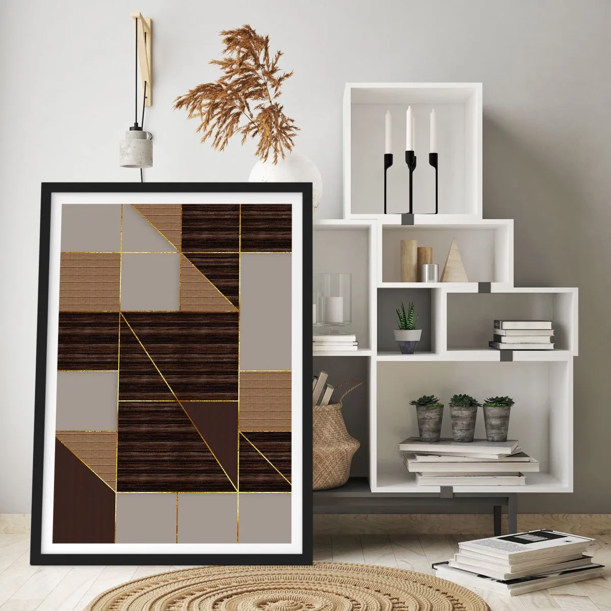 Poster în ramă neagră - Compoziție geometrică în nuanțe de maro și auriu - 50x70cm - Un mozaic de maro și auriu - Decorațiune modernă pentru perete pentru living și dormitor ARTTOR