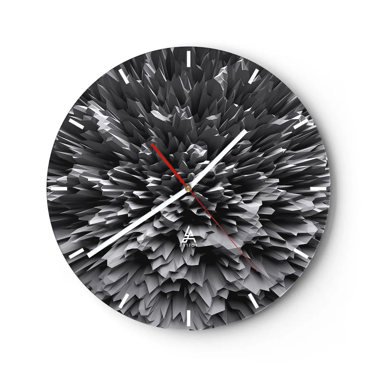 Ceas de perete - Ceas pe sticlă - Compoziție 3D abstractă alb-negru sub formă de explozie - 30x30cm - Mai ascuțit nu se poate - Decorațiune modernă pentru perete pentru living, bucătărie și dormitor ARTTOR