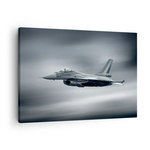 Tablou pe pânză Canvas - Un avion de vânătoare în zbor pe un cer înnorat - 70x50cm - Vrei să mă provoci? - Decorațiune modernă pentru perete pentru living și dormitor ARTTOR