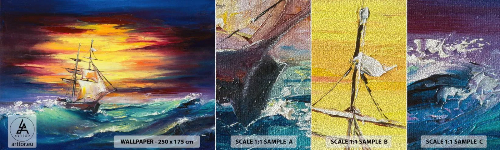 Mostră tapet Premium Sand - Înfruntând valurile - Barca de navigat, Mare, Furtună - 100x30 cm