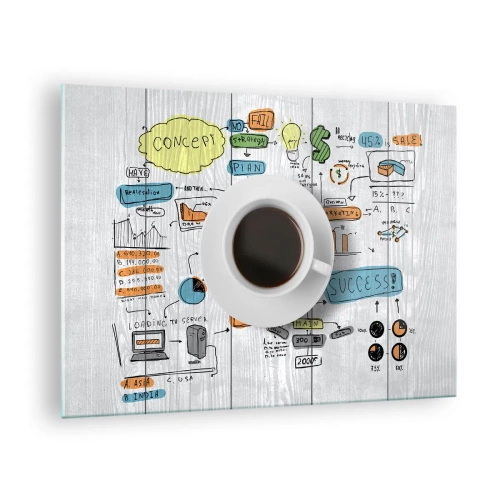 Tablou pe sticlă - O ceașcă de cafea pe un fundal de diagrame și desene conceptuale - 70x50cm - Timp pentru o pauză - Decorațiune modernă pentru perete pentru living și dormitor ARTTOR
