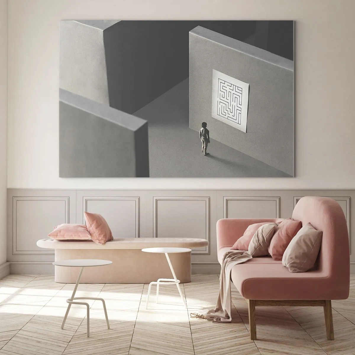 Tablou pe sticlă - Copil într-un labirint cu un simbol ghicitoare - 70x50cm - Dar unde sunt? - Decorațiune modernă pentru perete pentru living și dormitor ARTTOR