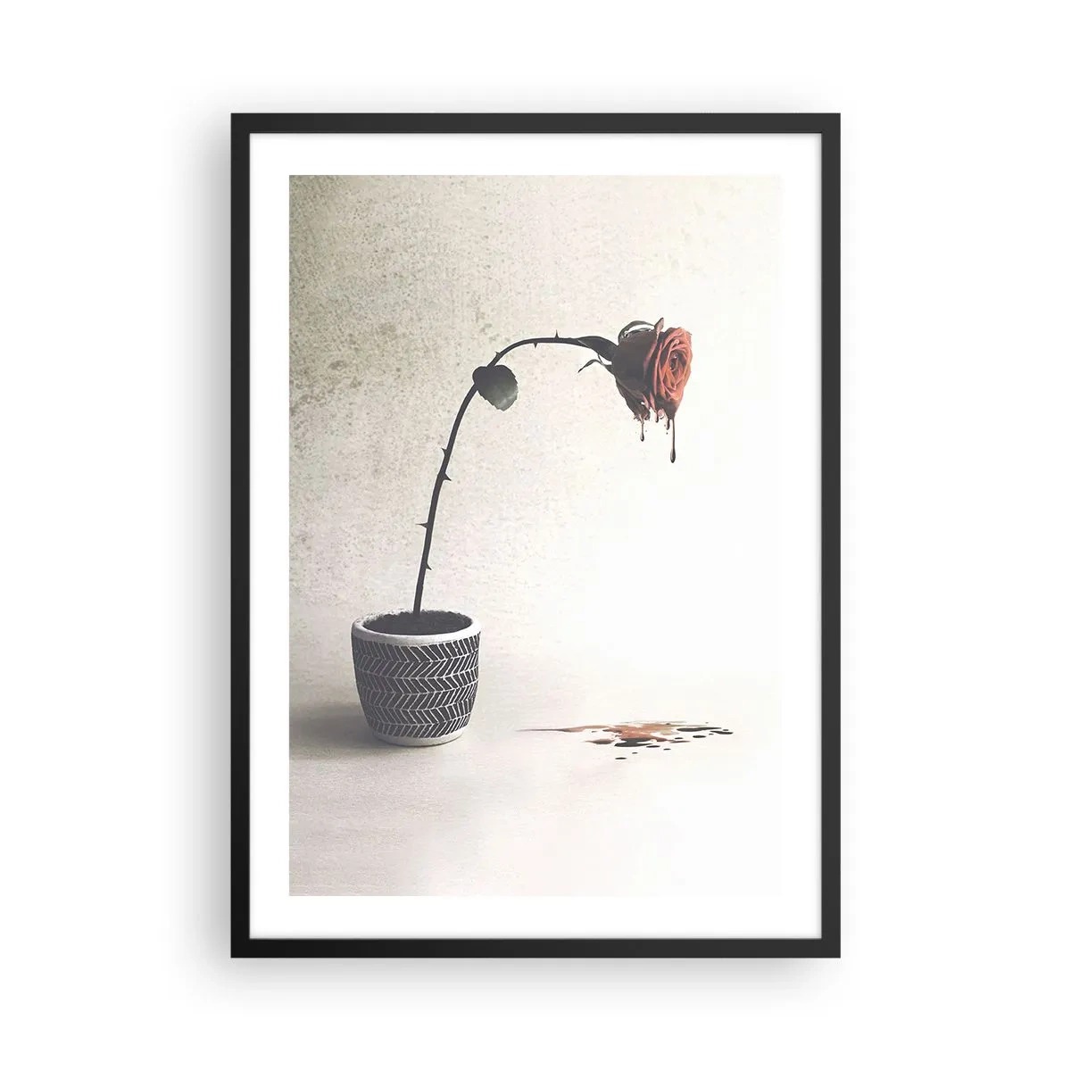 Poster în ramă neagră - Un trandafir în ghiveci cu un efect artistic curgător - 50x70cm - Rosa dolorosa - Decorațiune modernă pentru perete pentru living și dormitor ARTTOR