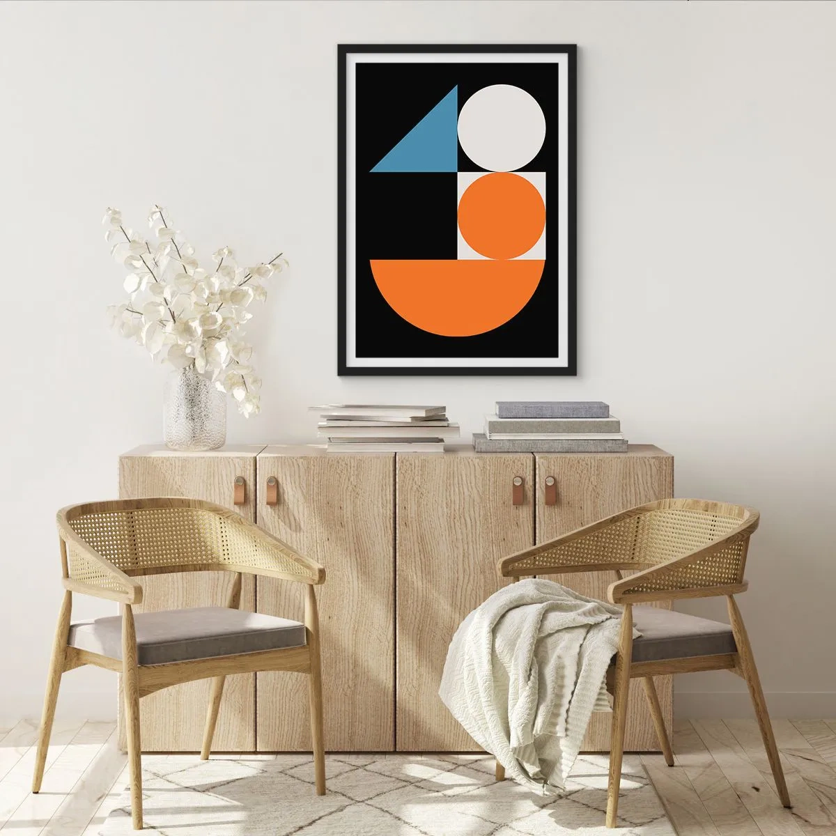 Poster în ramă neagră - Model geometric modern cu cercuri, triunghiuri și semicercuri - 50x70cm - Sistem de figuri - Decorațiune modernă pentru perete pentru living și dormitor ARTTOR