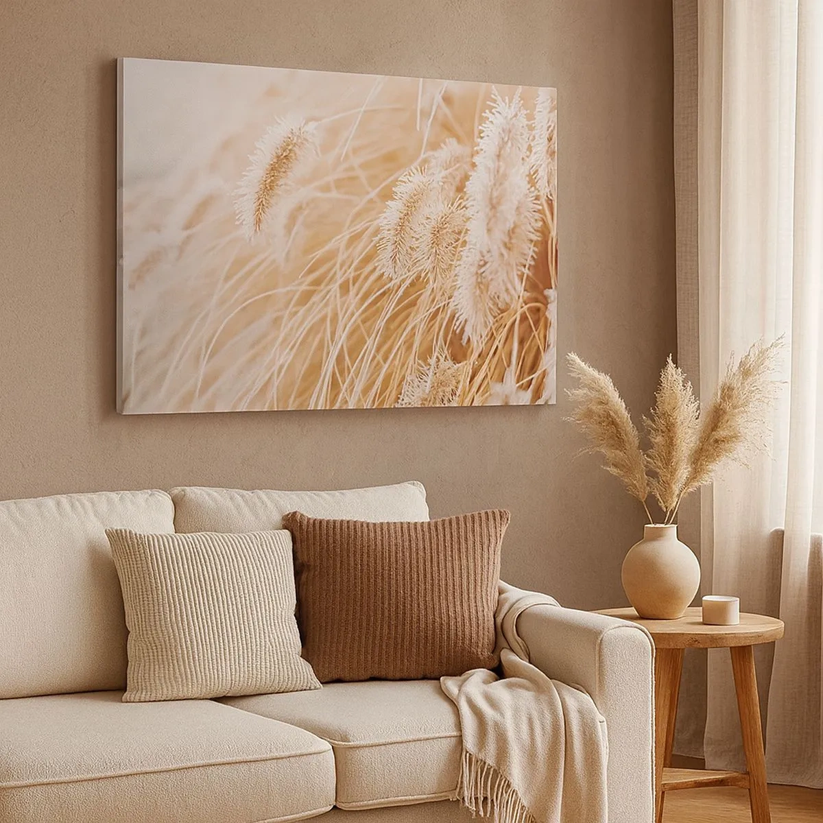 Tablou pe pânză Canvas - Prim-plan al ierburilor aurii și delicate în lumina soarelui - 70x50cm - Foșnetul auriu al ierburilor - Decorațiune modernă pentru perete pentru living și dormitor ARTTOR