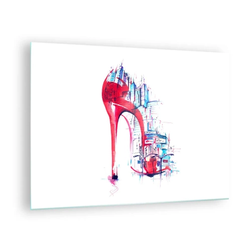 Tablou pe sticlă - Stiletto roșu cu motiv de arhitectură urbană - 70x50cm - Eleganta din marele oraș - Decorațiune modernă pentru perete pentru living și dormitor ARTTOR