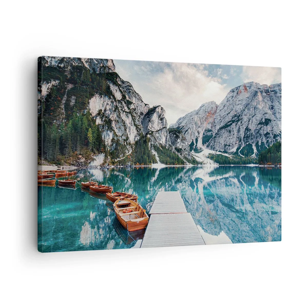 Tablou pe pânză Canvas - Un lac cu bărci înconjurat de munți - 70x50cm - Îți vom arăta frumusețea - Decorațiune modernă pentru perete pentru living și dormitor ARTTOR
