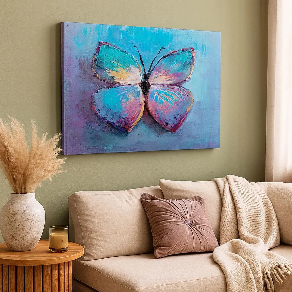 Tablou pe pânză Canvas - Fluture colorat pe fundal albastru - 70x50cm - În plină glorie - Decorațiune modernă pentru perete pentru living și dormitor ARTTOR