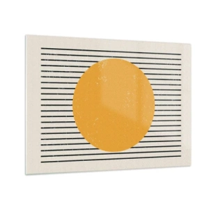 Tablou pe sticlă - Un cerc portocaliu pe un fundal de linii negre orizontale pe un fundal bej. - 70x50cm - Puterea simplității - Decorațiune modernă pentru perete pentru living și dormitor ARTTOR