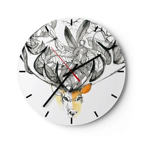 Ceas de perete - Ceas pe sticlă - Desen artistic al unui cerb cu coarne și frunze răspândite - 30x30cm - Coarne de abundență - Decorațiune modernă pentru perete pentru living, bucătărie și dormitor ARTTOR