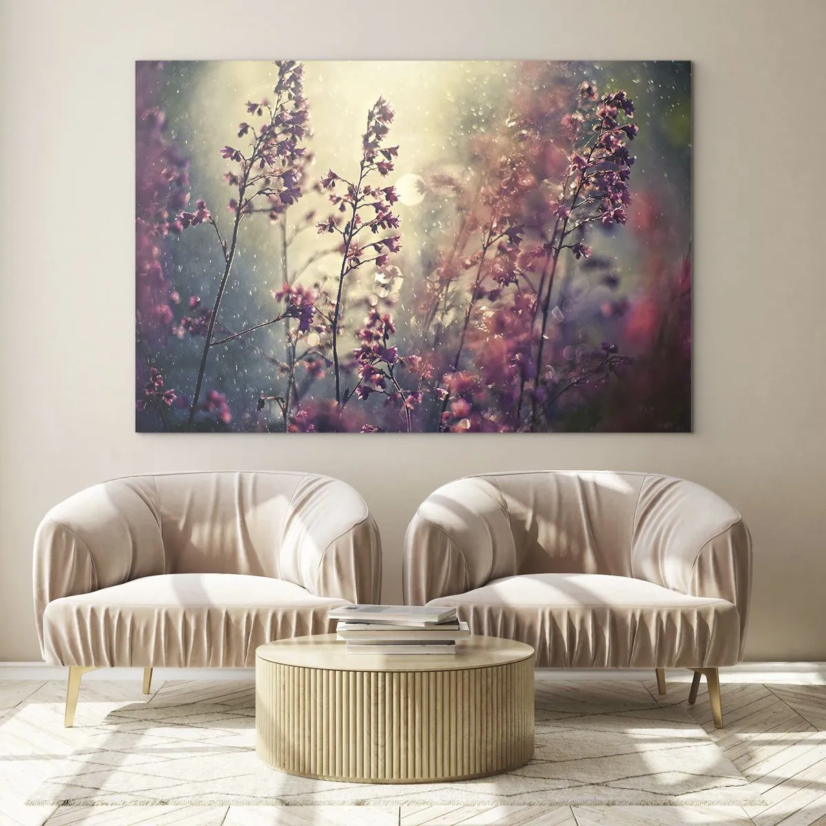 Tablou pe sticlă - Flori în lumina soarelui, în ploaia blândă - 70x50cm - Grădina secretă - Decorațiune modernă pentru perete pentru living și dormitor ARTTOR