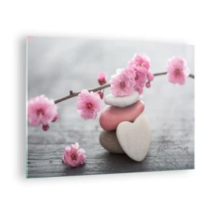 Tablou pe sticlă - Flori de cireș roz și pietre în formă de inimă - 70x50cm - Fericirea florilor de cireș - Decorațiune modernă pentru perete pentru living și dormitor ARTTOR