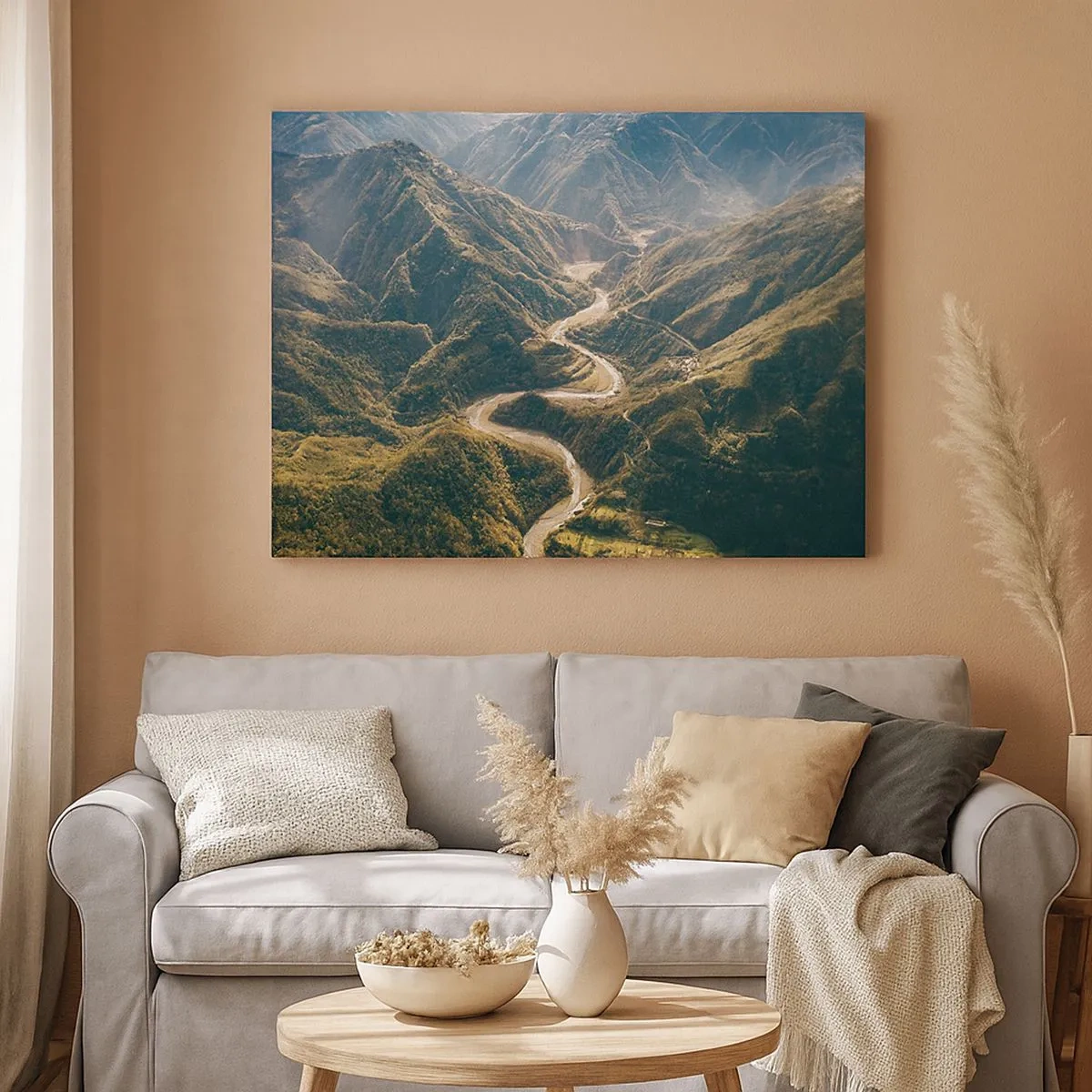Tablou pe pânză Canvas - Un peisaj montan cu un drum șerpuitor printre dealuri verzi - 70x50cm - Direct din inima munților - Decorațiune modernă pentru perete pentru living și dormitor ARTTOR
